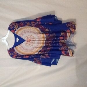 Umgee Boho Oversized V Neck Top, S, Blue Floral print, Pre-owned
